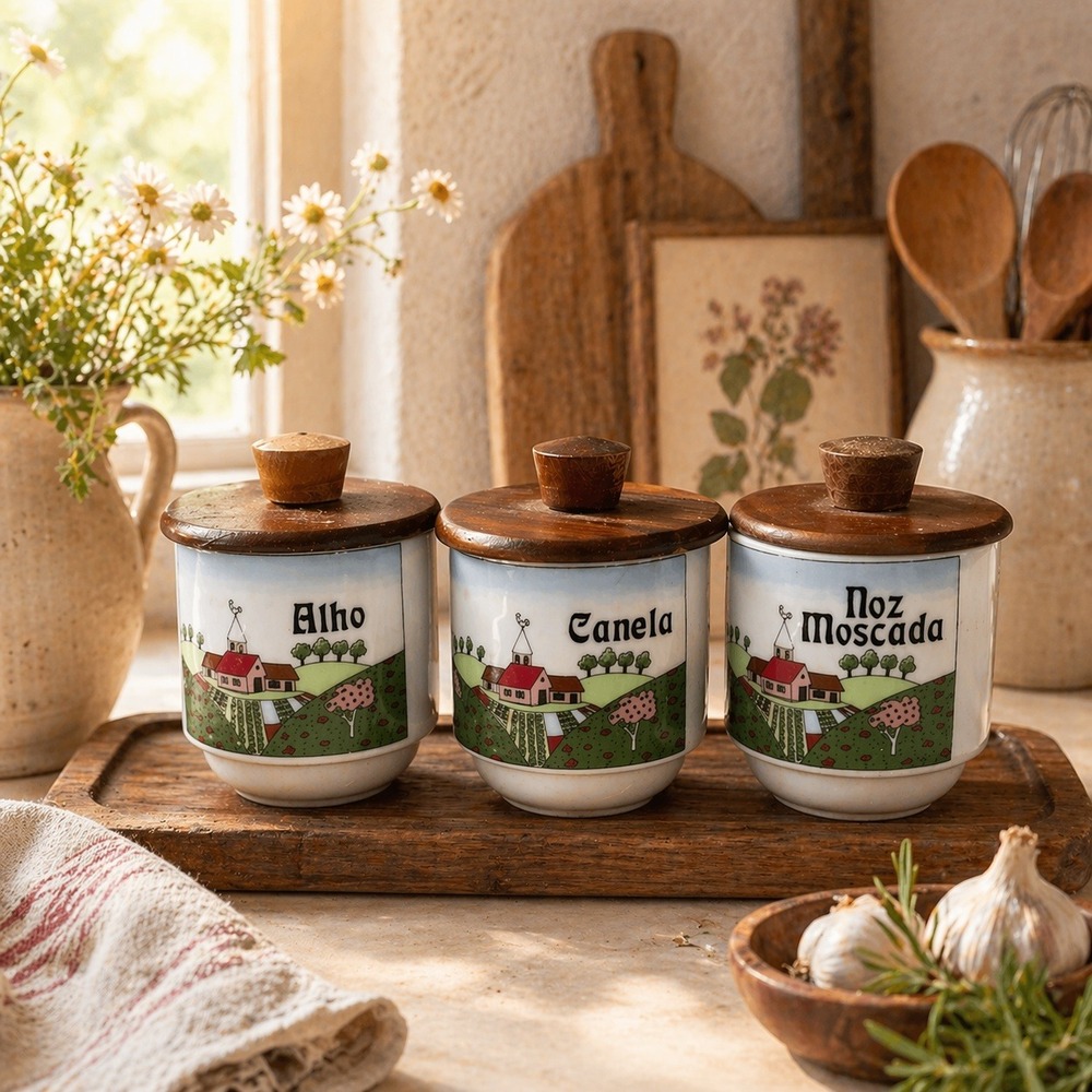 Vintage‎ Portugal Spice Jars Set Wood Lid MCM Rustic Kitchen Cottagecore Decore